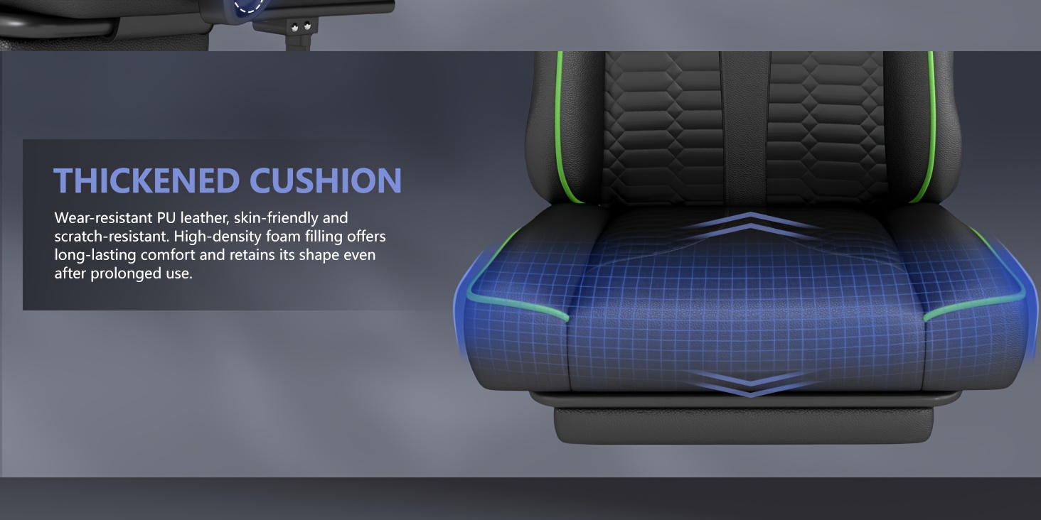 Een ergonomische gamingstoel met verstelbare rugleuning en een draaibare 360-graden functie - Ontworpen voor volwassenen en tieners tot 150 kg, perfect voor thuiskantoren of gaming, in een groene kleur.