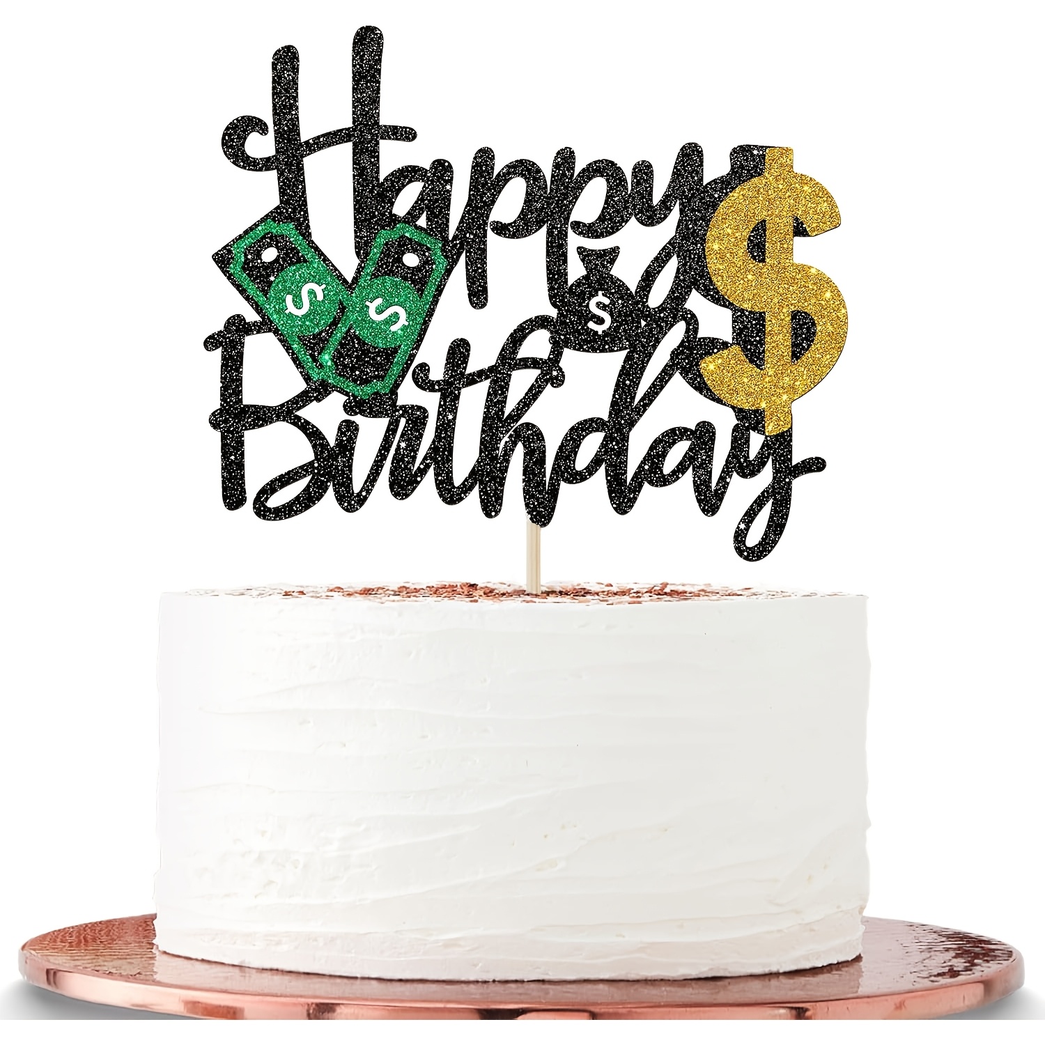 TEMU 1pc Glitter Powder Money-themed Birthday Cake Topper For Male And Female Birthday Parties, Motif Cake Decoration, Symbol Money Cake Decor