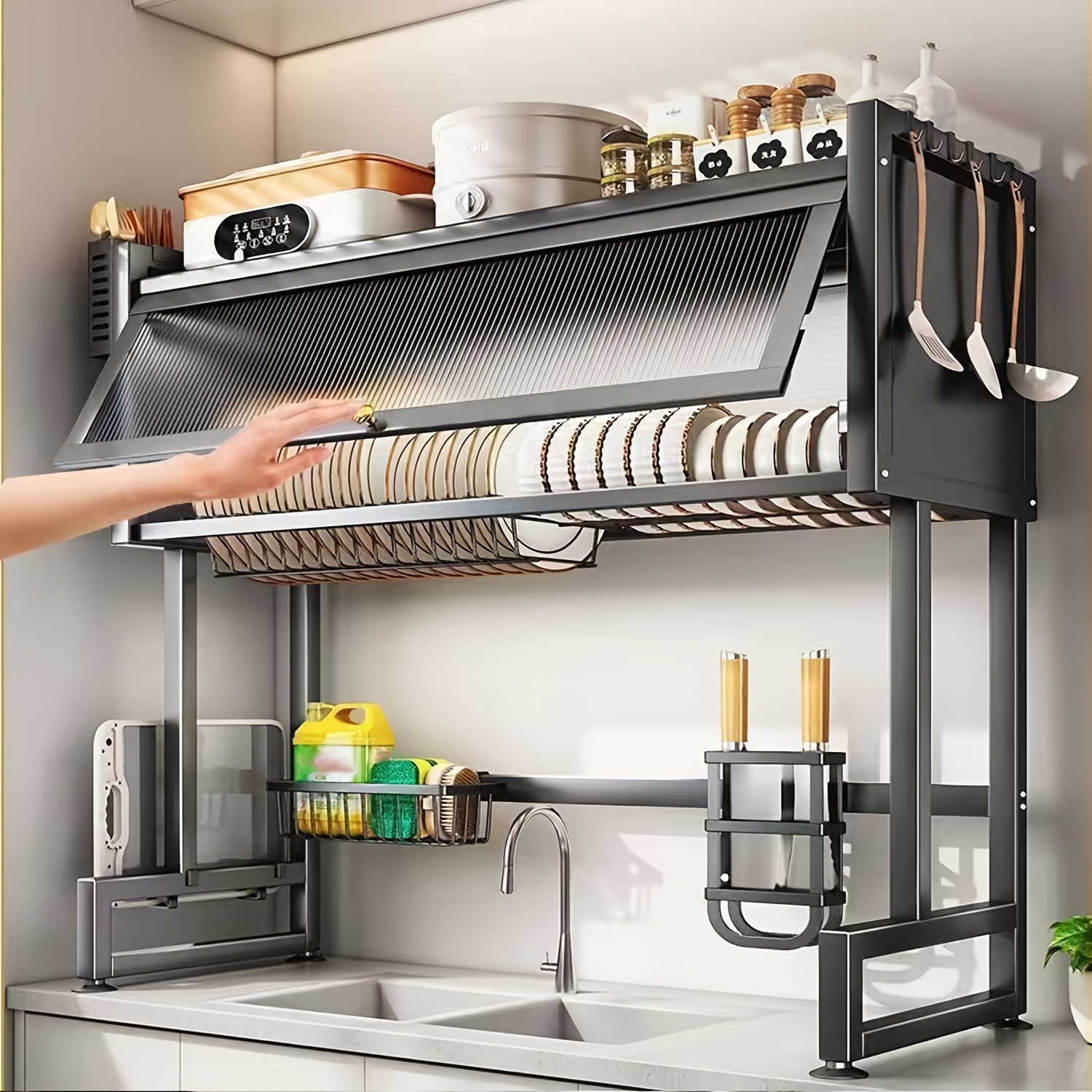 TEMU Large-capacity Metal Kitchen Sink Storage Rack - Multi-functional Dish Drying Rack With Dust-proof Cabinet Door, Reinforced And Thickened