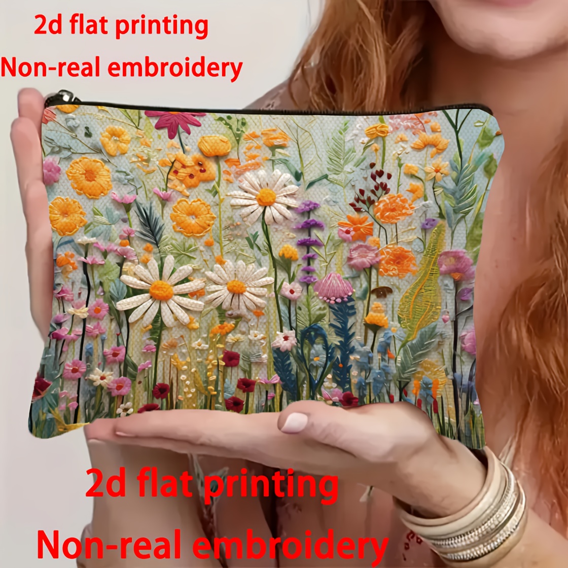 TEMU Retro Floral Travel Cosmetic Bag (2d Flat Non-embroidery) Fashionable Style Zipper Cosmetic Storage Bag, Portable Multi-functional Toilette Bag,