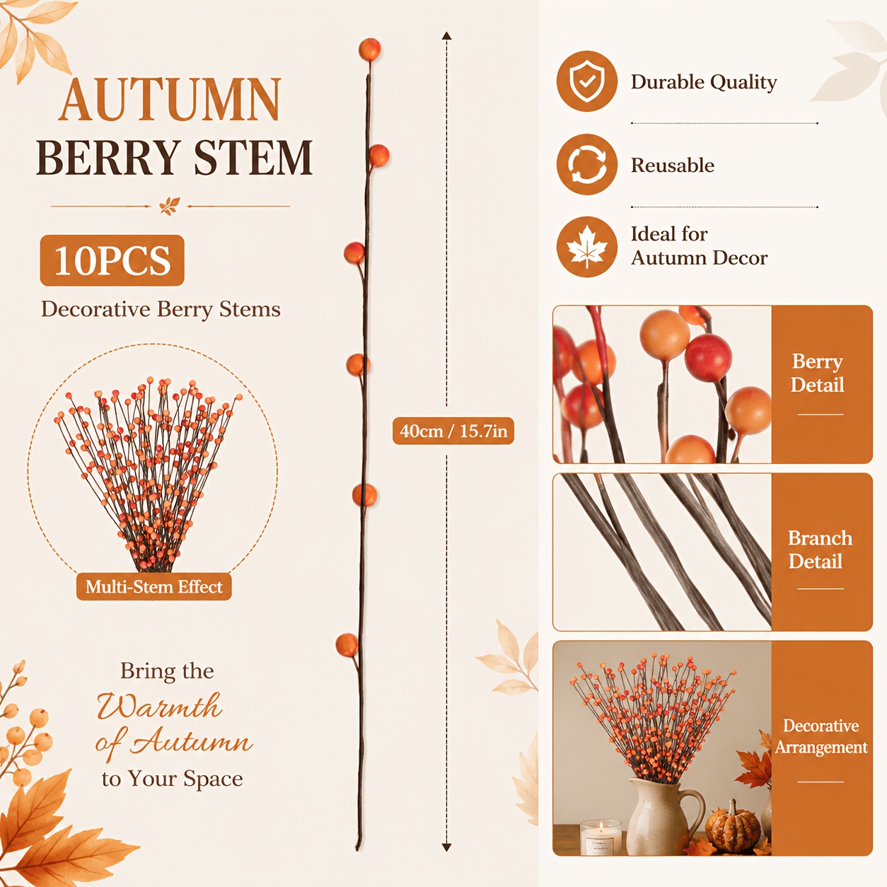 TEMU 10-pack Autumn Simulation Berry Branches, Autumn Fruit Branches, Suitable For Placement In Living Room Vase, Dining Table Centerpiece, Fireplace