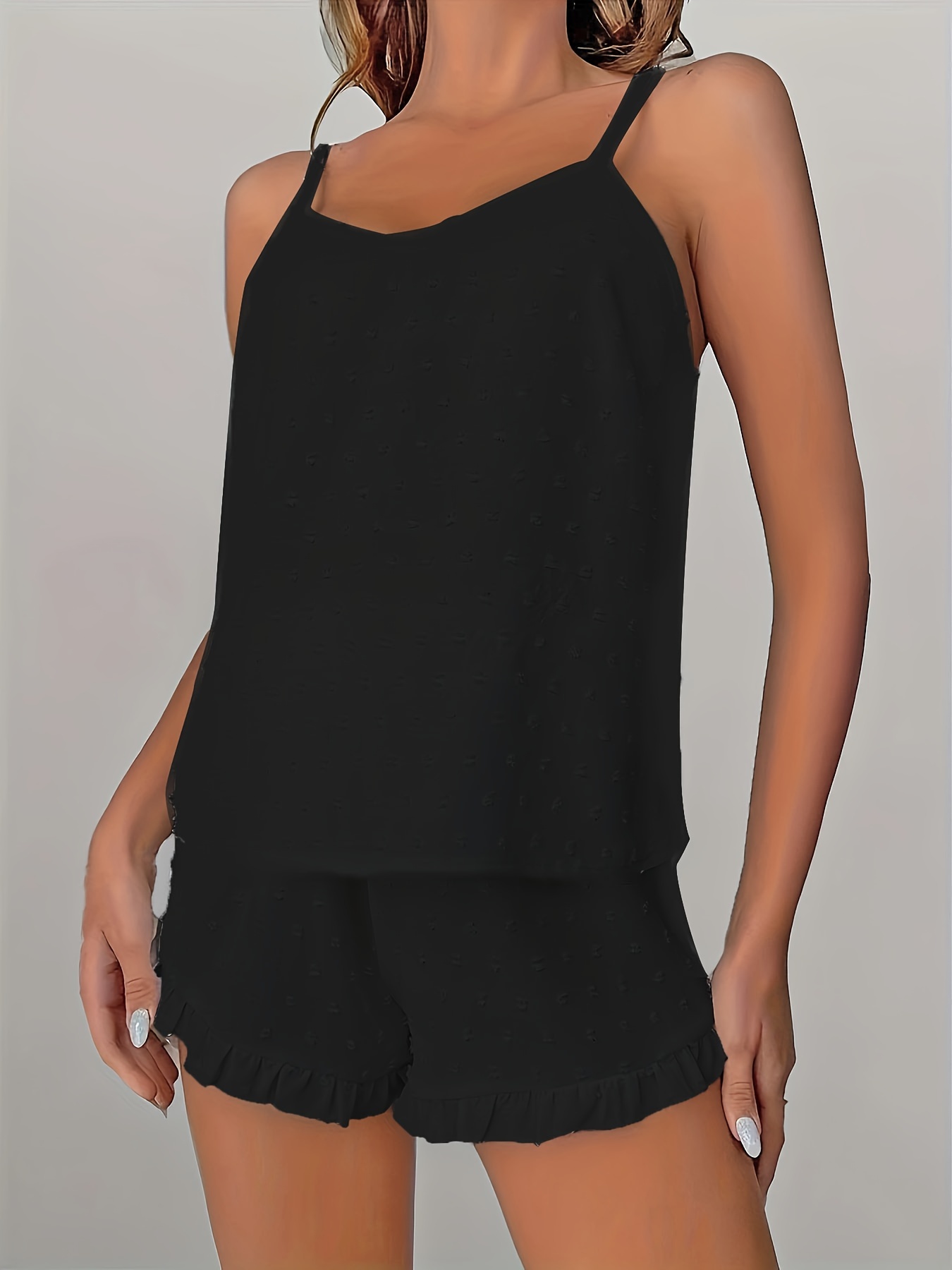 Women'S Plus Size Lace Trim Cami Pajama Set - Soft Polyester, Solid Color, Ruffled Detail, Comfortable Sleepwear for Spring/Summer/Fall, Relaxed Fit Pajamas | Ruffled Detail Clothing | Smooth Texture Fabric