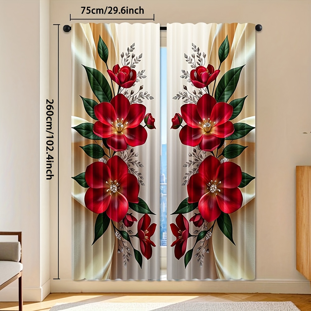TEMU 2pcs, Elegant Red Rose Print Polyester Curtains Rod Filtering Ideal For Living Room Bedroom Office Home Decoration