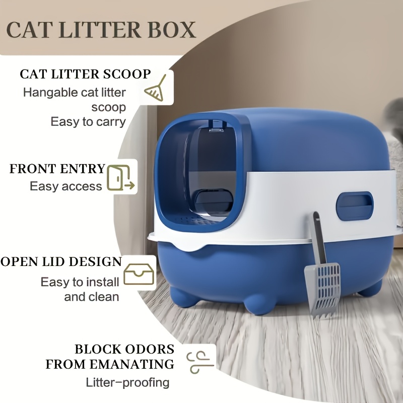 large cat litter box fully enclosed splash proof easy to store   can hold cat litter   with a shovel easy to clean suitable for small and medium sized cats Product details 5