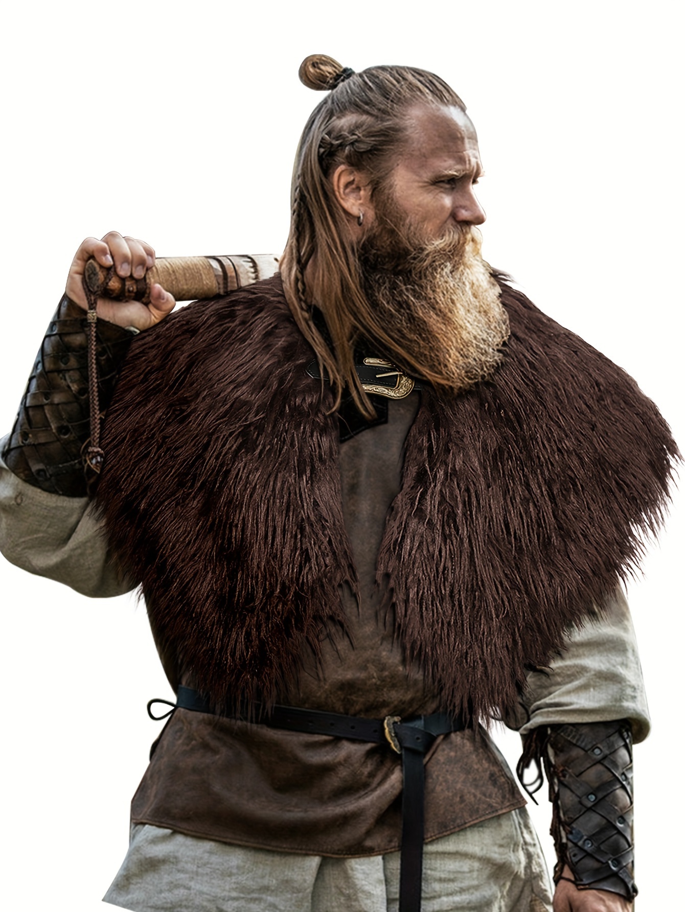 1pc Costume Viking Médiéval pour Homme avec Châle en Fausse Fourrure et  Ceinture, Tenue de Cosplay en Polyester de Couleur Tissu Non