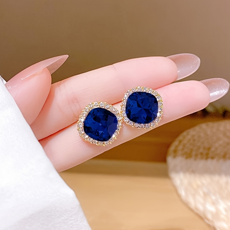 TEMU Une paire d'élégants et brillants boucles d'oreilles carrées géométriques bleu foncé, parfaites à aux fêtes quotidiennes et pendant les vacances