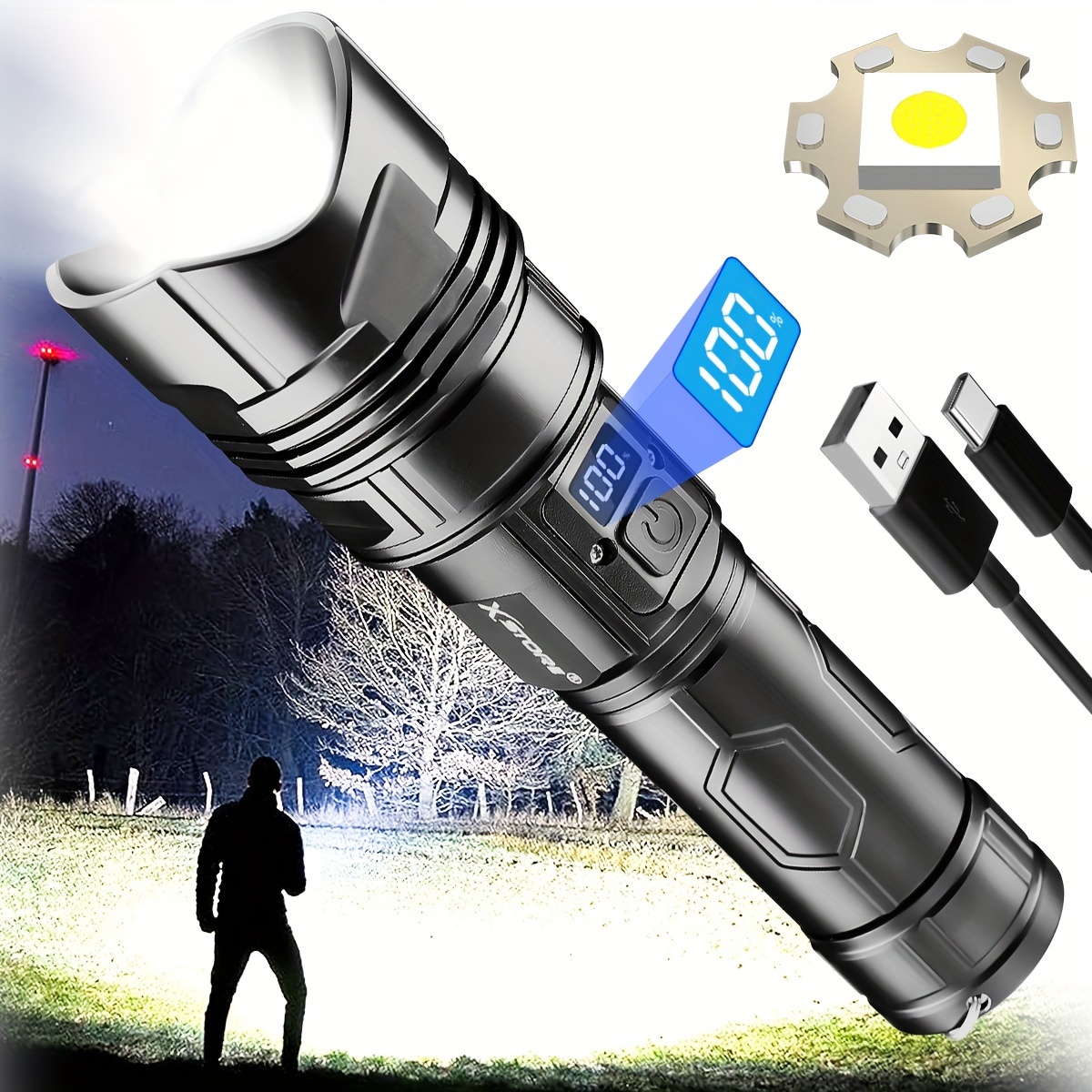 Led Super Bright Zoom Linterna Potente lámpara de camping Antorcha de la  policía recargable