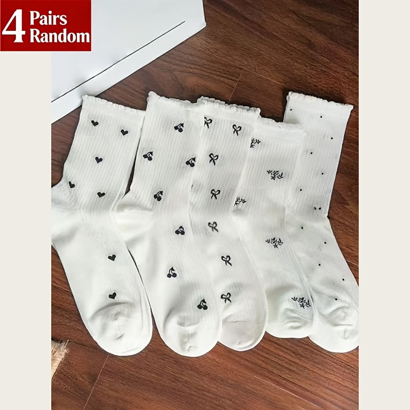 TEMU 4-pair Random Pack Women's Socks, Summer Thin Mesh Breathable Simple Season Gift, Bow Ruffle Lace White Mid-calf Socks