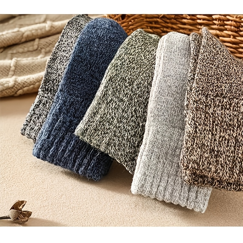 3/5 Pairs Men'S Thick Warm Knit Crew Socks - Solid Color Winter Socks with Ribbed Cuffs, Polyester Blend, Hand Wash Only, Ideal for Cold Weather Comfort, Winter Socks, Handwash Only Socks, Ribbed Cuff Socks, Durable Knit Socks