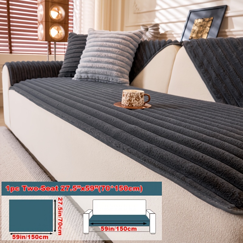 TEMU 1pc Thick Rabbit Like Plush Sofa Mat Light Luxury Vertical Strip Anti Slip Anti Cat Scratch Sofa Cover For Autumn And Pet Friendly Washable Sofa