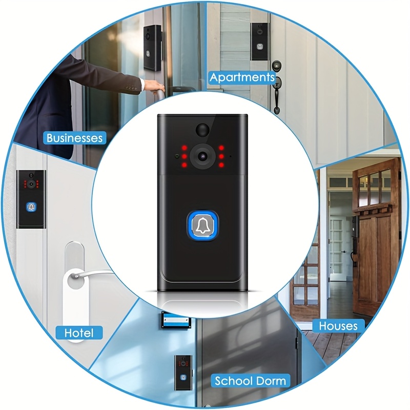 Timbre de puerta inalámbrico, audio bidireccional, video HD, cámara de timbre inalámbrico, cámara Wi-Fi con visión nocturna, alerta en tiempo real, alimentado por batería, timbre inteligente con campana, timbre de seguridad inteligente para el hogar, almacenamiento local y en la nube, fácil instalación.