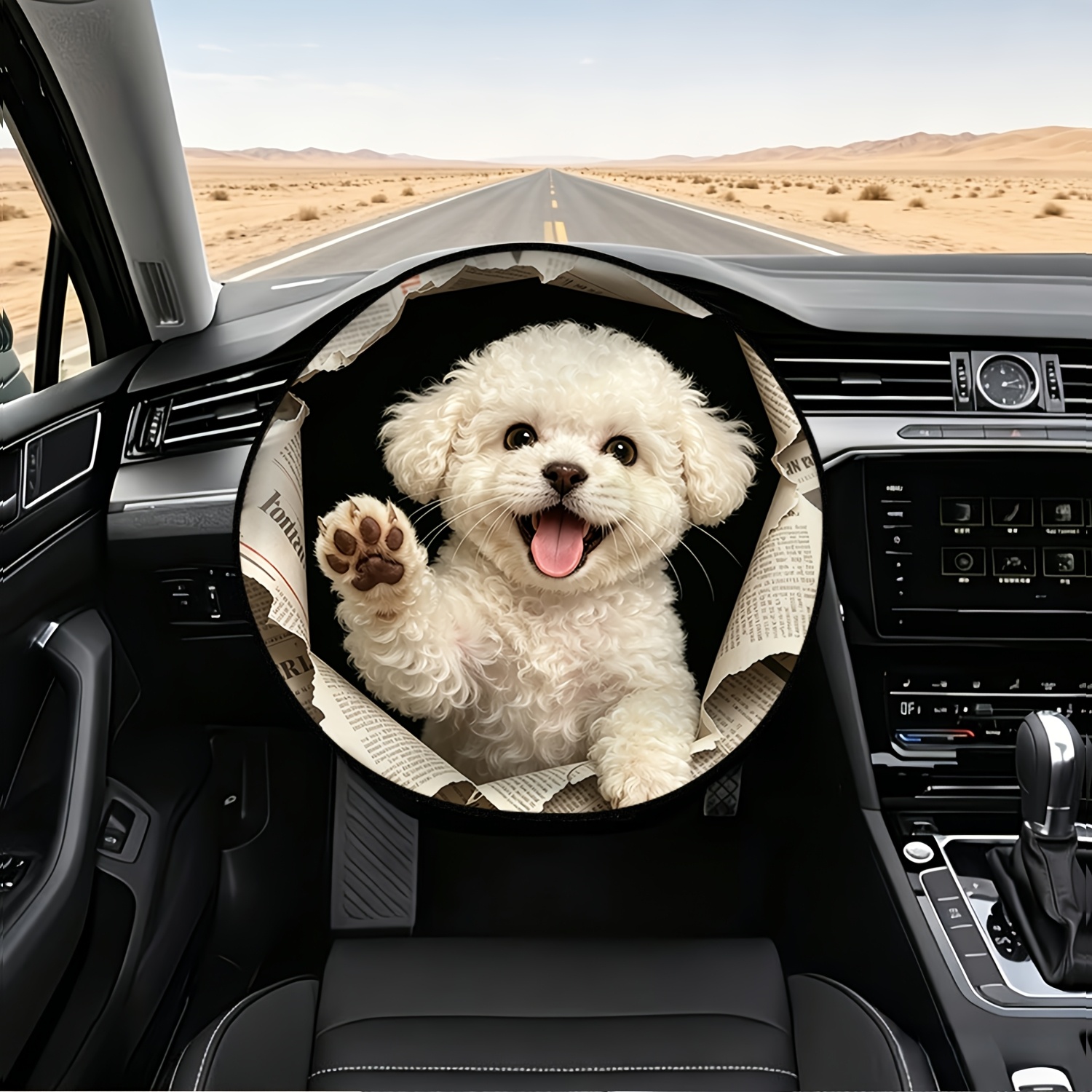 TEMU 1pc Car Steering Wheel Sunshade With Cute Puppy Paper Cute Moment Themed Pattern 2d Printed Steering Wheel Sunshade - Heat Insulation, Sun