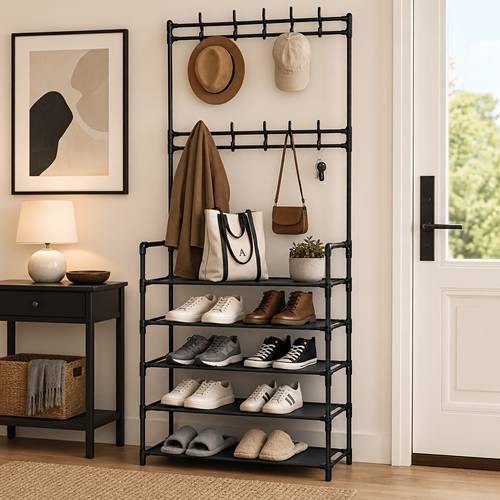 2026 western small apartment entryway storage ultra narrow composite hat rack top double rods and 4 tier fabric shelves with side storage pockets perfect vertical space utilization