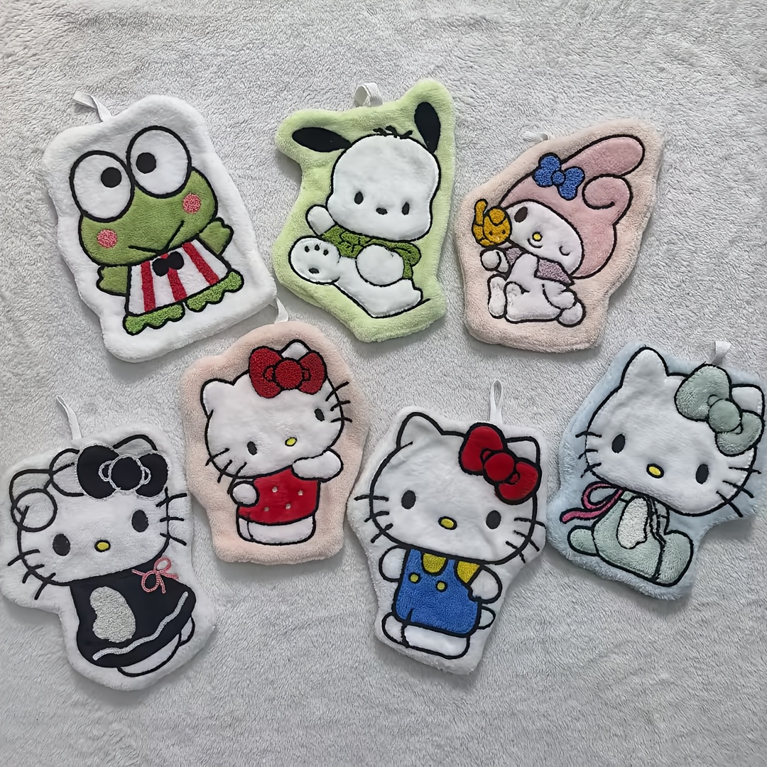 Image of 7-strip Pack Hello Kitty Quick-dry Hanging Hand Towels - Cute Coral Fleece Hanging Towels For Hello Kitty Fans, Adorable Cartoon Design, Decorative And Practical | Design | Soft Texture | Home Decor
