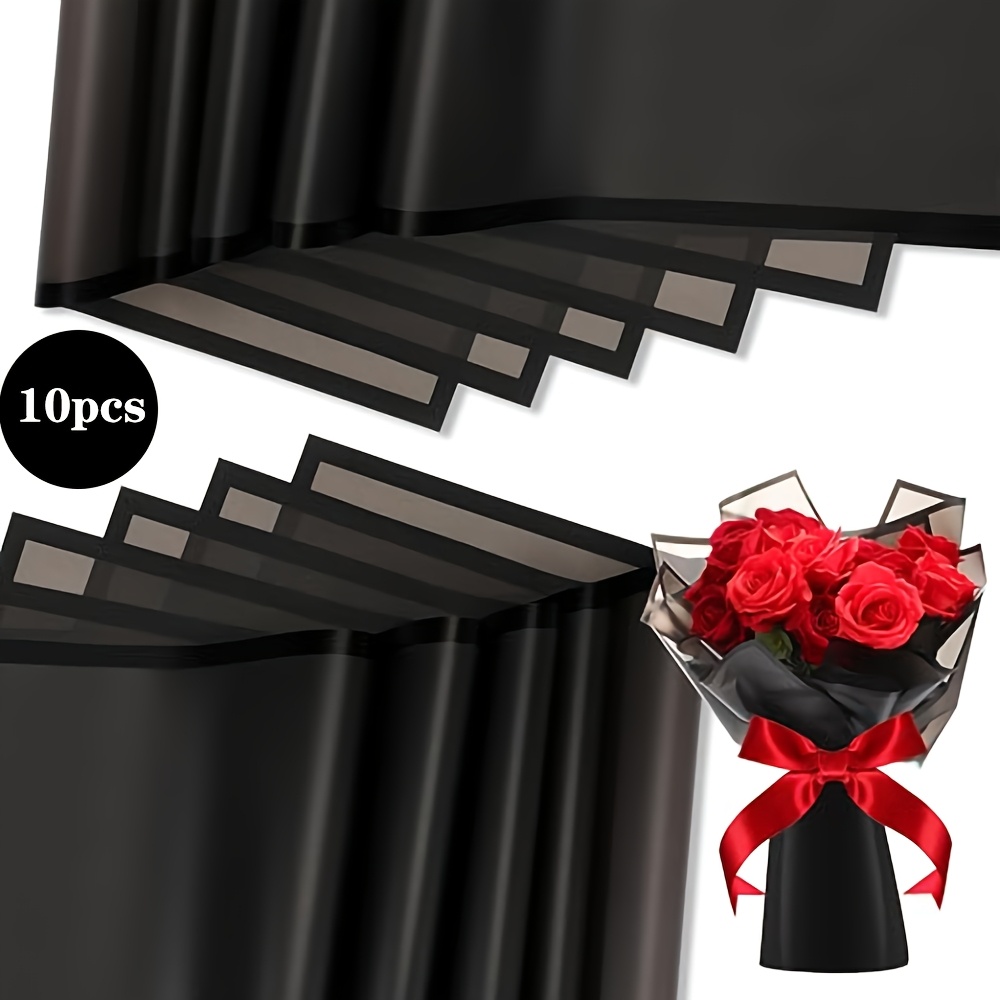 TEMU 10st Elegante Zwarte Bloemen Inpakpapier - Waterdicht & Semi- met Gematteerde Rand, Koreaanse Stijl Plastic Folie voor Boeketten & Geschenken,