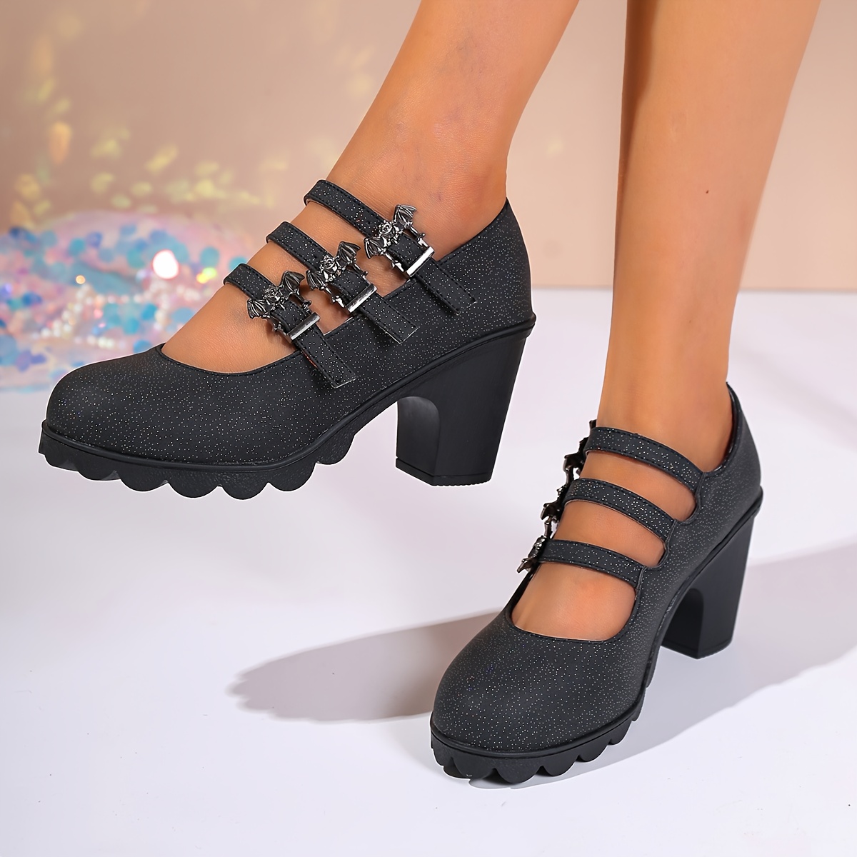 Image of Gothic Bat Metal Women's Shoes, Chunky Heel Platform Party High Heels Flat Shoes, Women Shoes