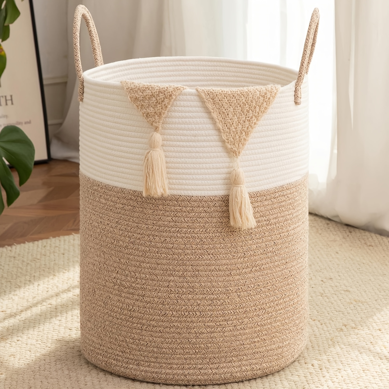 Large Laundry Basket Hamper - 60L Rope Woven Storage Basket for Blankets, Clothes - Tall Decorative Nursery Hamper with Long Handles, Decorative Blanket Basket for Living Room, Laundry Hamper, Nursery Organizer, Beige Rope Basket, Shelf Baskets