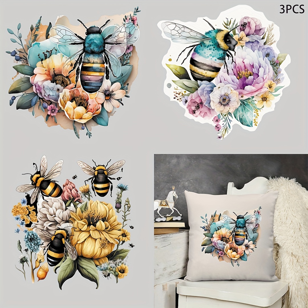 

3pcs/6pcs Floral Bee Watercolor Heat Transfer Sticker, Diy Iron-on Clothing Supplies & Appliques, For Clothing T-shirt Pillow Mask Jeans Backpack Hats Pillow, Washable Heat Transfer Designs Stickers