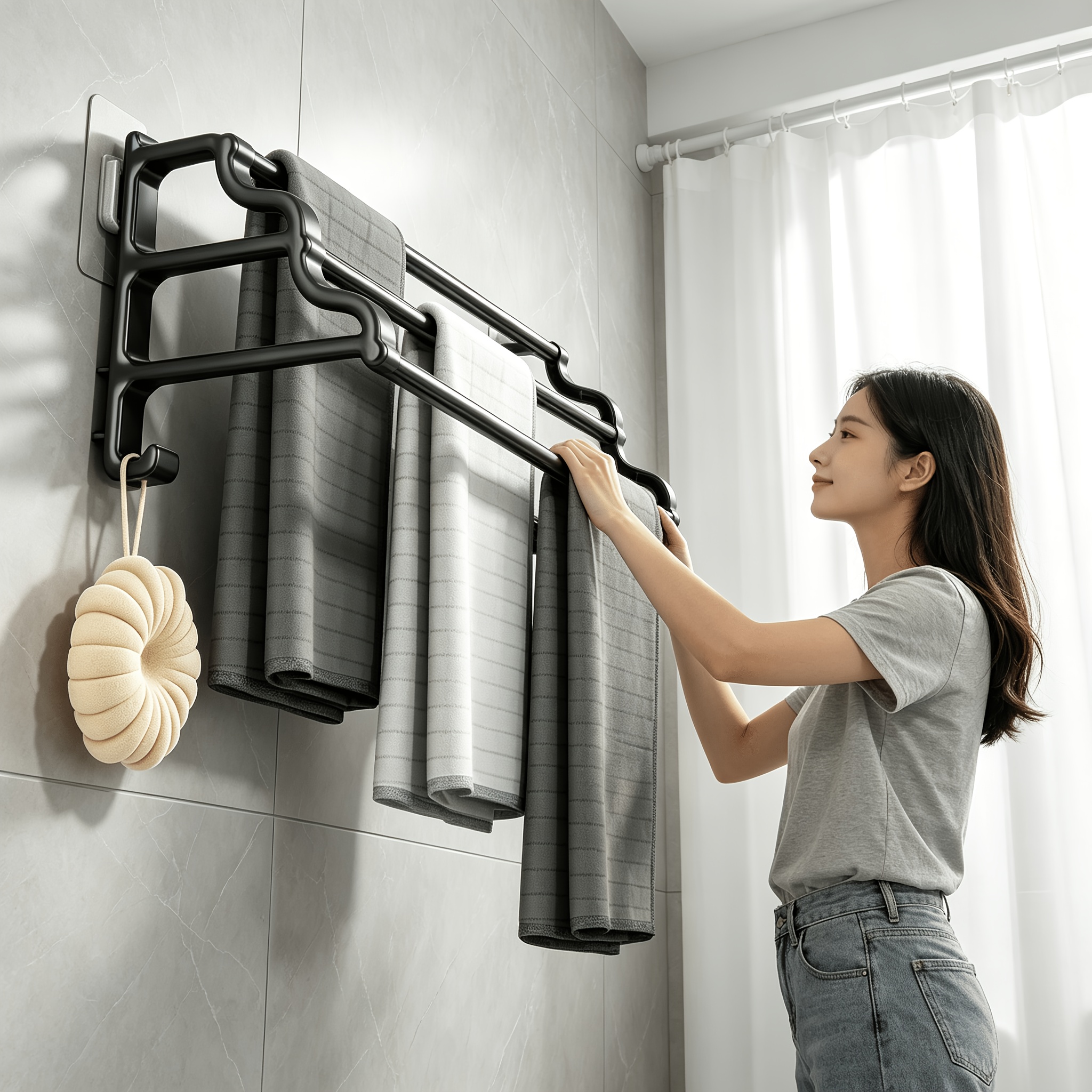 TEMU Porte-serviettes de salle de bain, matériau en acier au , à 3 barres murales, installation perçage, traitement antirouille, convient pour le dos