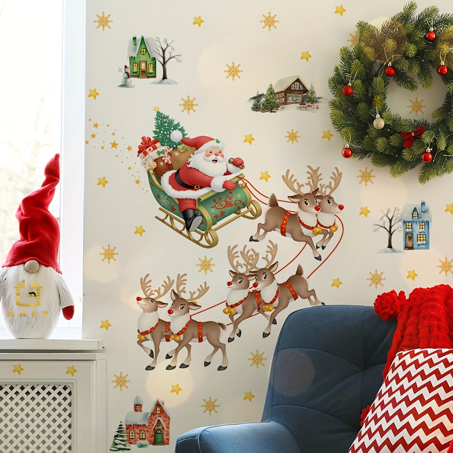 TEMU Un juego de 2 hojas de pegatinas de pared navideñas de 30*60 cm, que muestran a Papá Noel, y estrellas doradas, perfectas para la decoración y