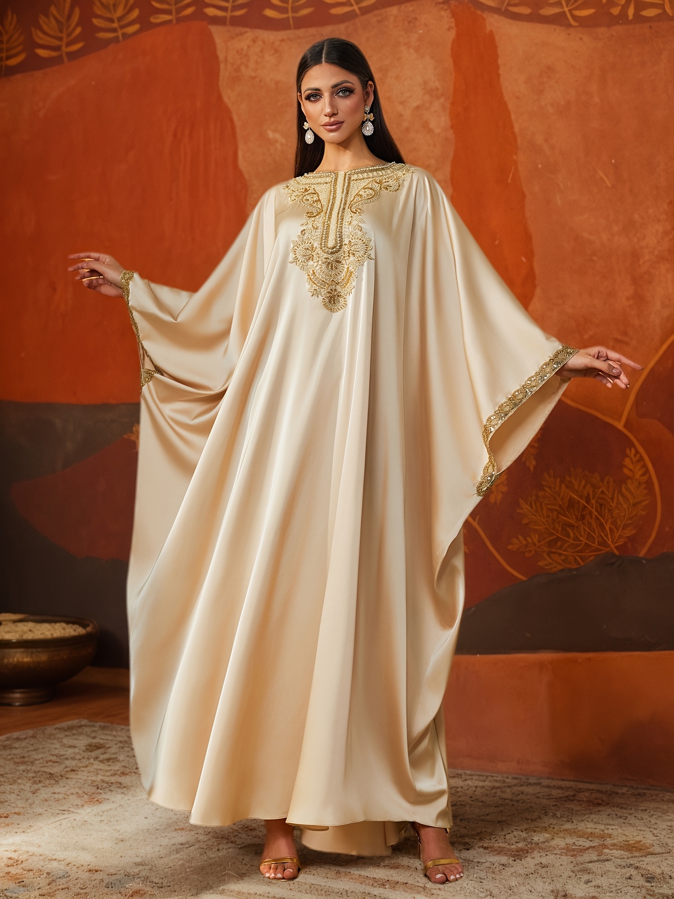 elegant cream arabic style embroidered abaya robe dress Temu