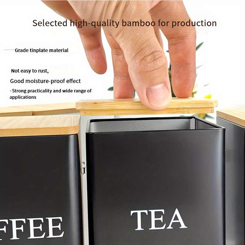 3pcs set   metal cans with bamboo lids   tea coffee sugar   safe kitchen storage containers details 2