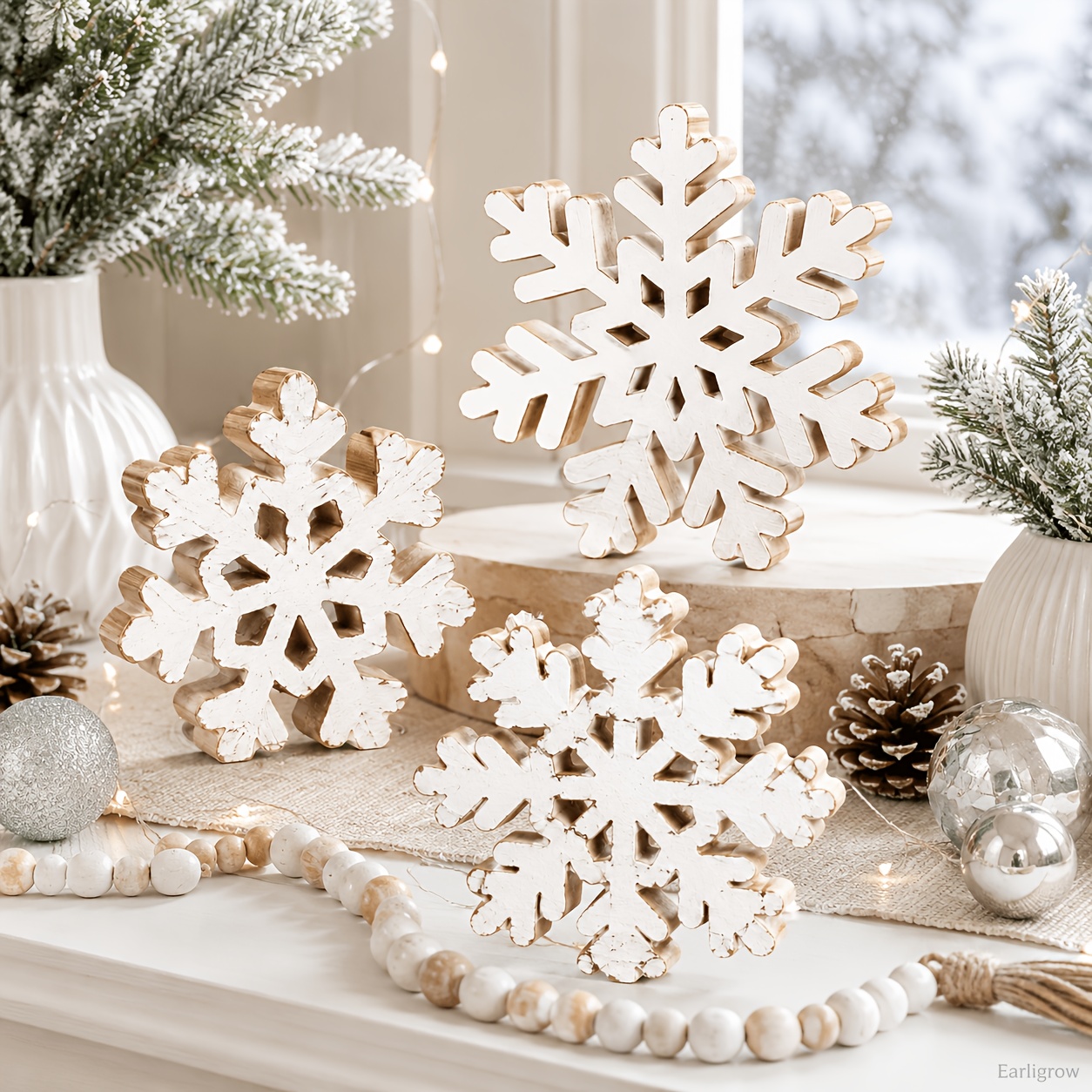 TEMU Table Centerpiece, Wooden Snowflake Ornament, Winter And Christmas Home Decor, Rustic Farmhouse-style Home Decor, Perfect For Tiered Trays,