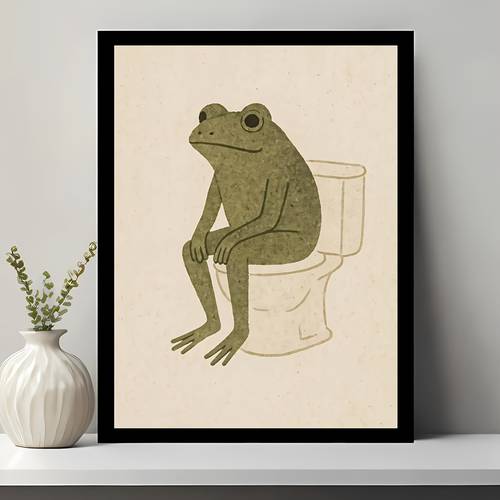 1pc frameless retro cartoon animal toilet art poster frog using the toilet canvas painting art birthday present living room bedroom kitchen bathroom decoration waterproof and reusable
