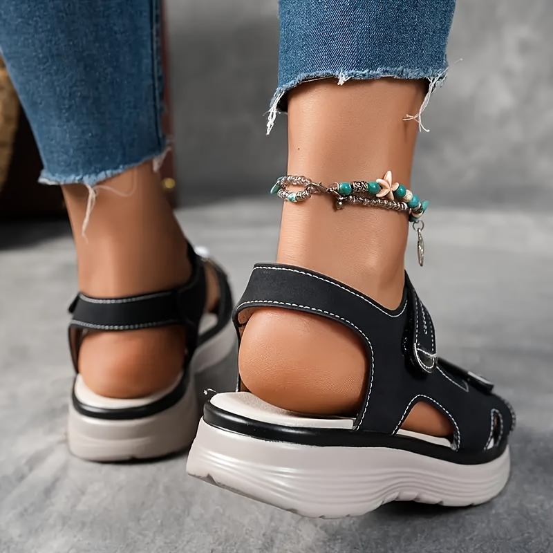 Women's Sandals Black, High-Quality PU Material with Adjustable Strap, Comfortable Thick Sole Summer Vacation Style, Beige/Black/Navy Beach Wear | Durable Synthetic Cover Shoes