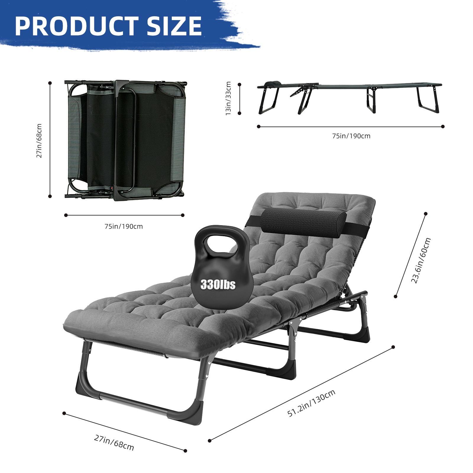 Image of Portable Folding Cot With Mattress - 4-position Adjustable Adult Garden Chair, 330 Lbs Weight Capacity For Camping, Beach, Patio & Outdoor Leisure.