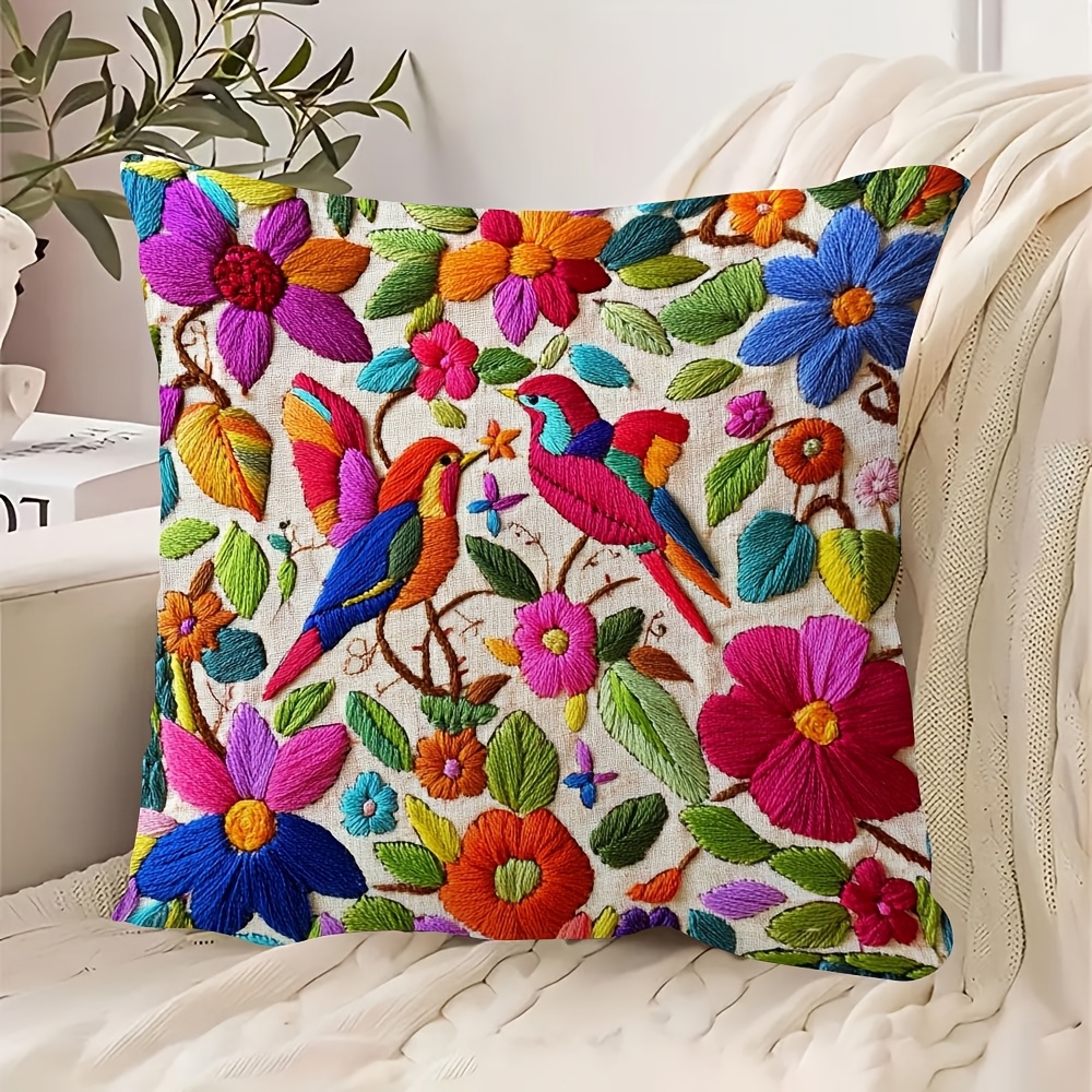 

Soft Short Plush 18x18 Inch Pillow Cover, Double-sided Mexican Embroidery Print, Comfortable Zippered Pillowcase, Machine Washable, Polyester - No Insert Included