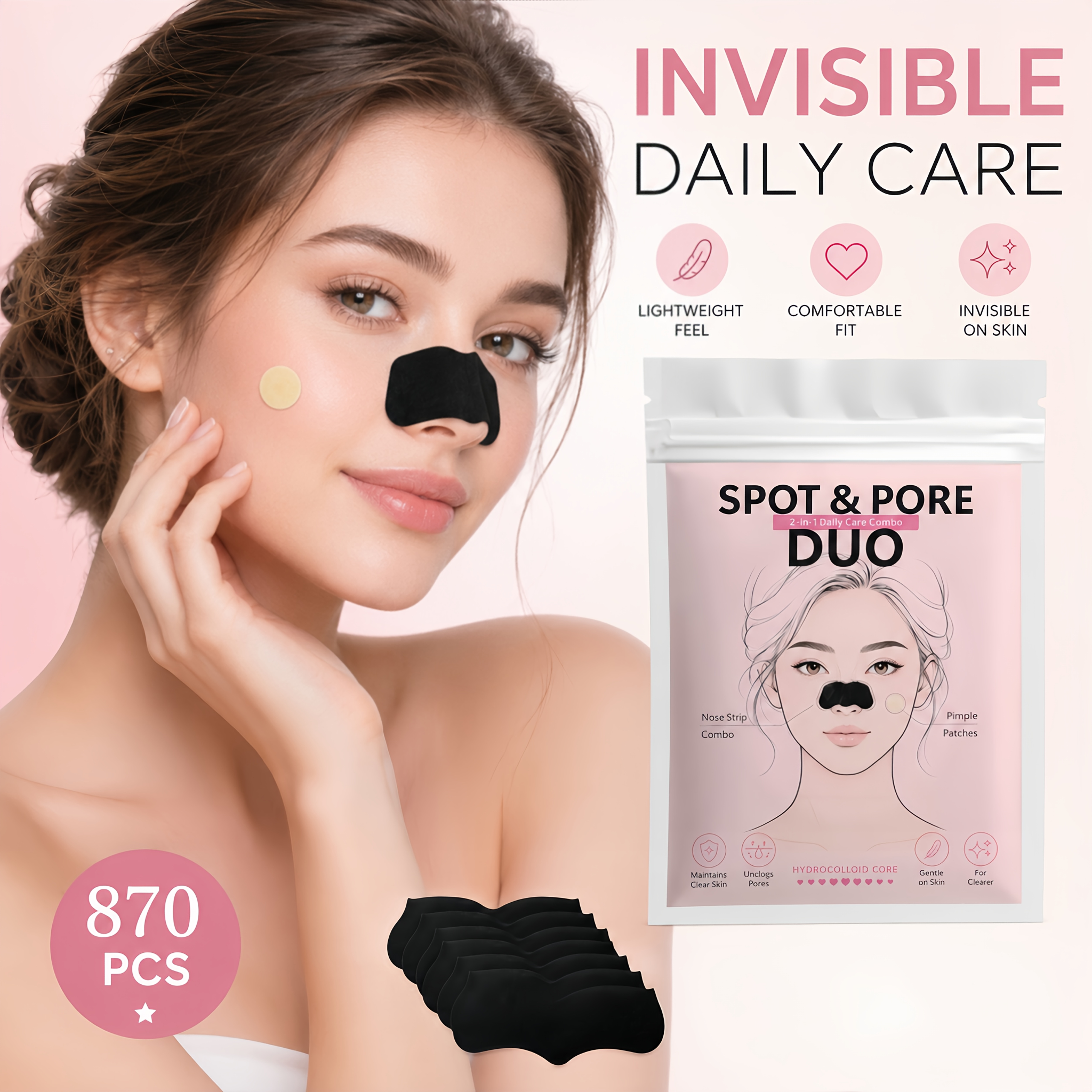 870pcs Facial Beauty Combo Kit with Nose Strip Sheets & Round Face Cover Dots
