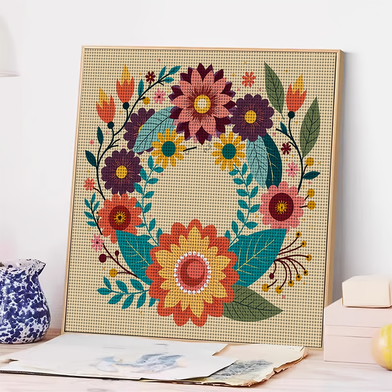 DIY Cross-stitch Printed Kit, Unframed Colorful Flower Wreath Pattern