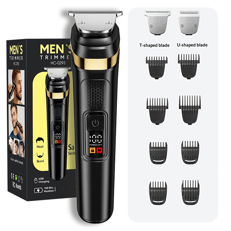 TEMU Men's 2-in-1 Beard Trimmer Hair Clipper Body Groomer Kit 1200mah Type-c Usb Rechargeable Led Digital Display Electric Shaver Professional