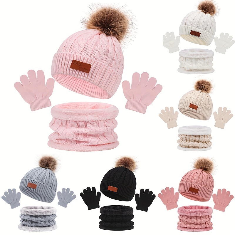 

Children's 3-piece Winter Hat Set With Pom-pom - Stretch Knit Acrylic Beanie, Gloves & Scarf, Ear Warmer - Alphabet Pattern, Hand Washable - Ideal For Fall/winter Daily Casual Wear, Thanksgiving, 3-14