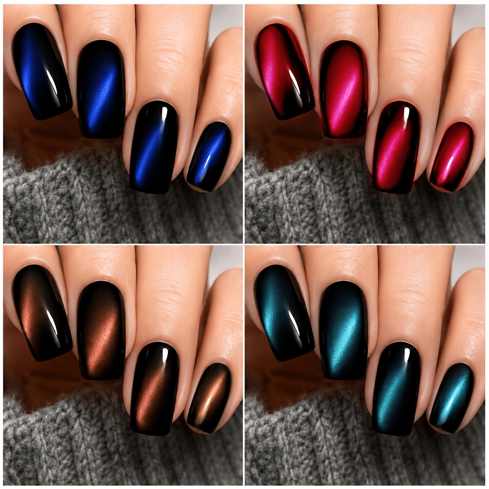 TEMU 96pcs Shiny Glass Bead Cat Eye Press-on Nails, Blue, Purple, Brown, And Green Shiny Cat Eye Fake Nails, Full Coverage Removable Stylish Glitter