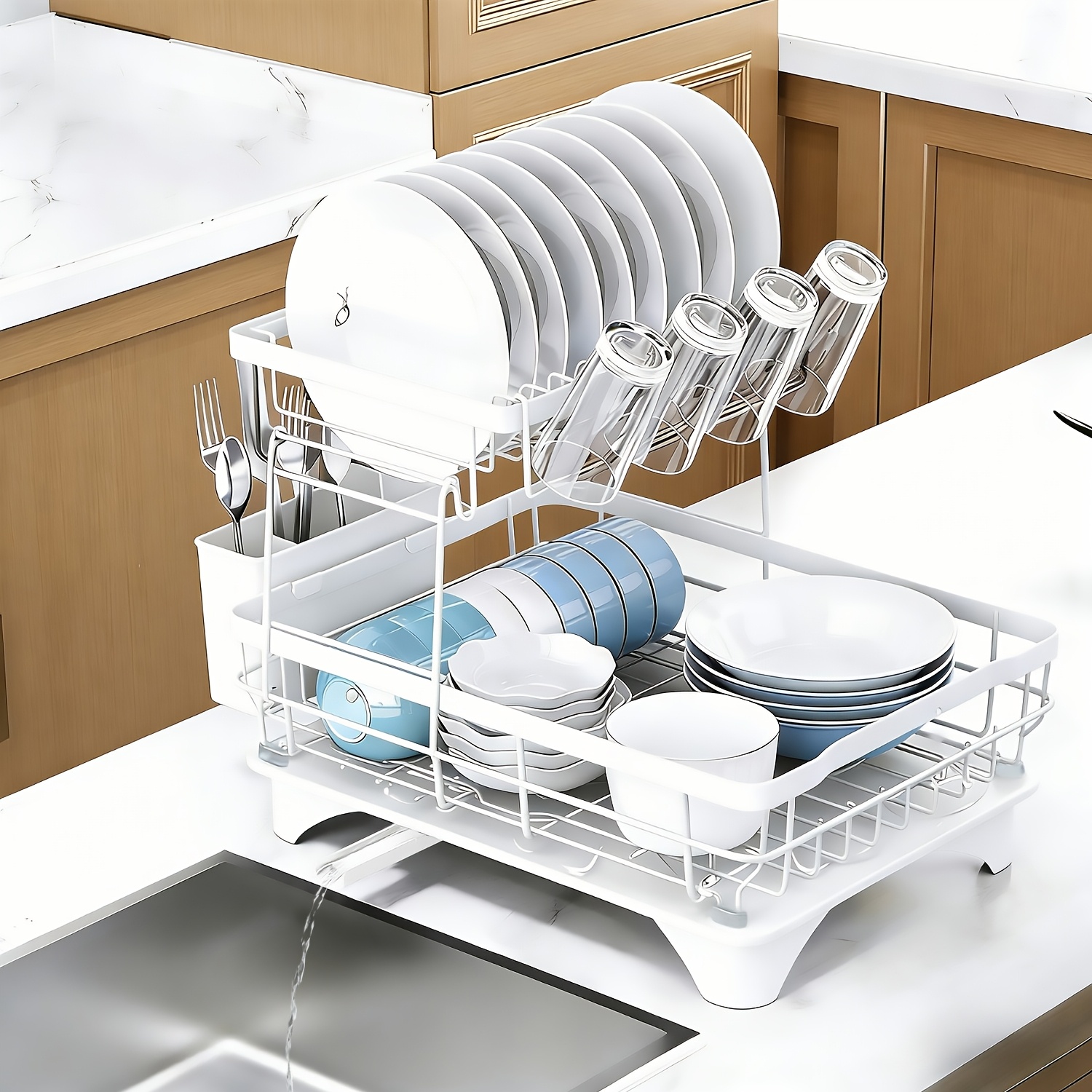 Double-layer Sink Drain Rack, With Cutlery Rack, Drip Tray And 360° Drain, Designed For Bowls, Dishes And Cups, Kitchen Storage Rack, Space , ()