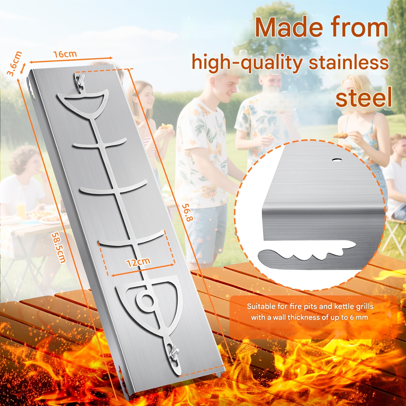 58.5*16*3.6cm Stainless Steel Flame Salmon Rack With Adjustable Clamp - 180° Rotatable, Durable And Easy To Clean, Ideal For Grilling Salmon And More, Smooth