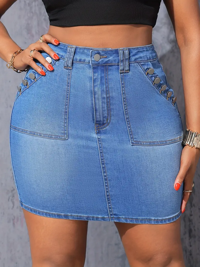 women's plus size casual denim skirt pocket button details Temu