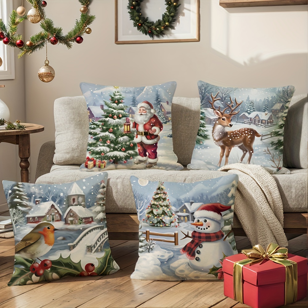 

4 Pcs/set Christmas , , And , Small Cabins And Snowman In A Printed Decor, For Sofa, Bed, 17.7x17.7