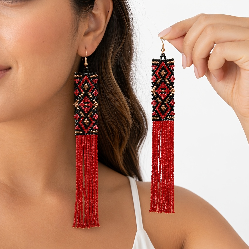 TEMU 1 Paire de Boucles d'Oreilles pour Femmes, Boucles d'Oreilles Bohèmes Vintage avec Perles, Motif Géométrique , Boucles d'Oreilles à Franges