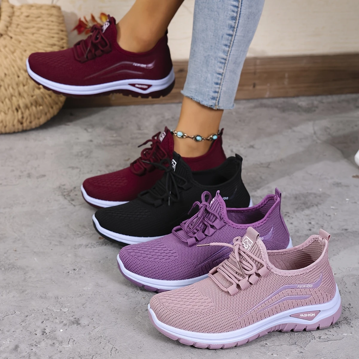 womens casual sports outdoor running walking daily commuting lace up patterned double layer easy on off knitted shoes details 1