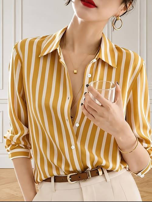 womens classic striped button up lapel collar shirt loose fit blouse suitable for office casual wear non stretch button front collar button machine washable year round professional attire