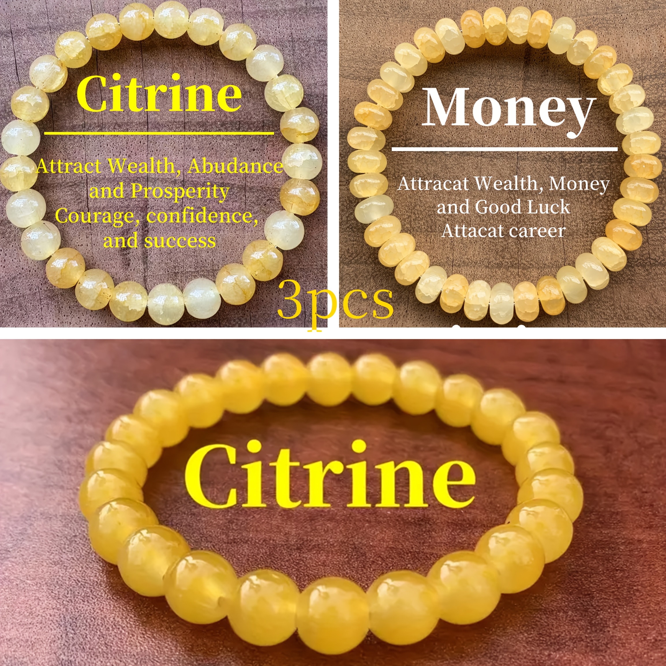 E-shop 3er-Set Boho-Stil Gelber Achat Perlenarmband Set, Zieht Geld an "Sonnenstein" Handgefertigtes Charm-Armband für Frauen Männer, Fördert Fülle,