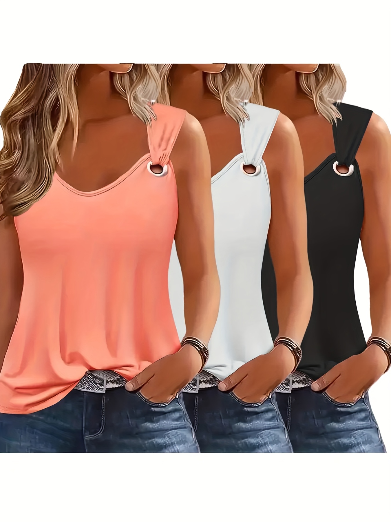Artikelbild sommer damen tank top set 3-teilig - ärmellose v-ausschnitt shirts, maschinenwaschbar, einfarbige freizeitwesten für frühling und sommer