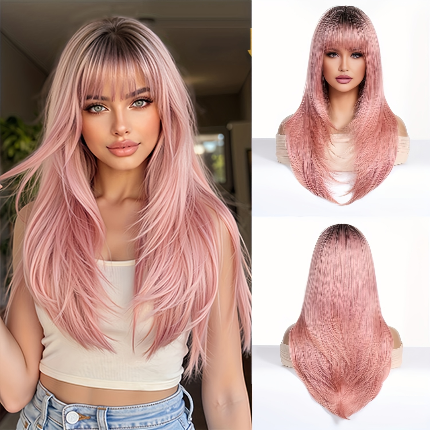 TEMU Une perruque à frange rose dégradée droite de 24 pouces de long, perruque longue à couches pour femmes, perruque synthétique en fibre résistante