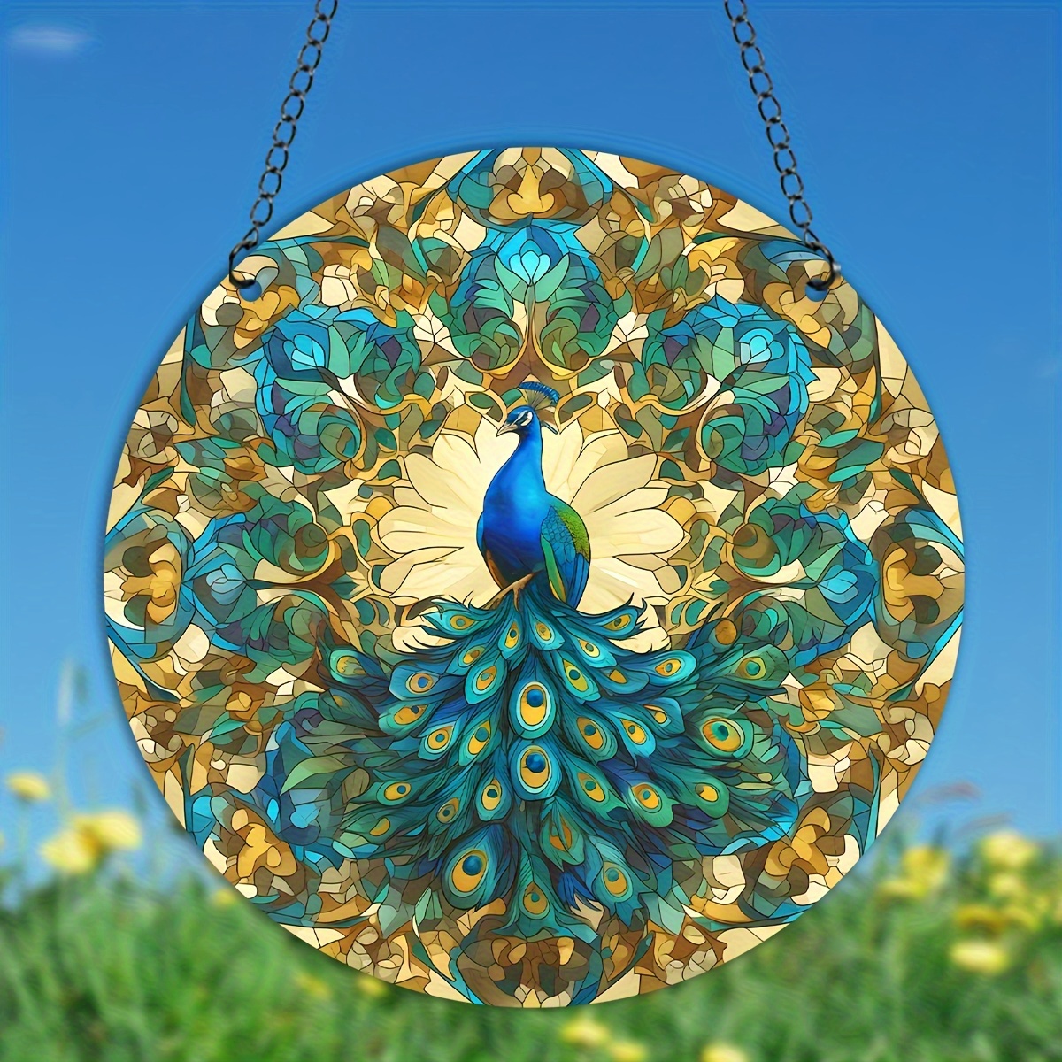 

1pc, Peacock Printed Acrylic Hanging Sign, Suncatcher, Stained Window Hanging, Acrylic Holiday Decor, Round Sign, Wreath Sign, Window Decor Porch Decor Wall Decor, 5.9in/15cm