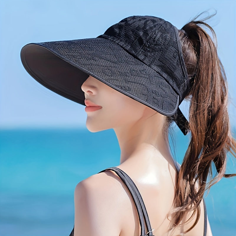 편지 줄무늬 큰 가장자리 태양 모자, 패션 태양 보호 여름 사이클링 여행 해변 빈 탑 포니 테일 모자, 여성용 모자 및 모자