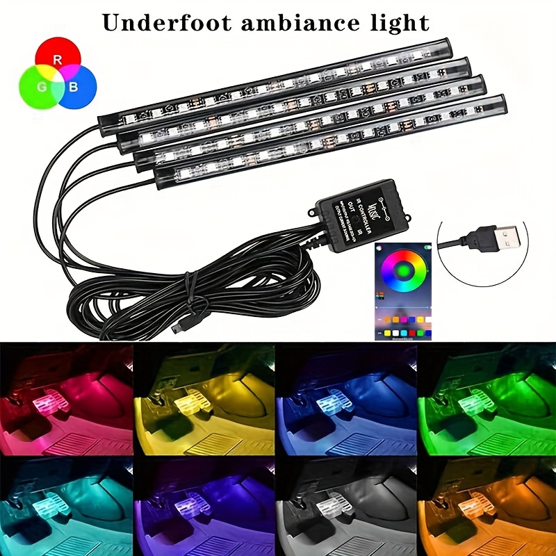 TEMU Set Of 4 Led Car Interior Light Strips With Application Control - 48-color Usb Powered Light Strips, Suitable For Under The Dashboard, Music