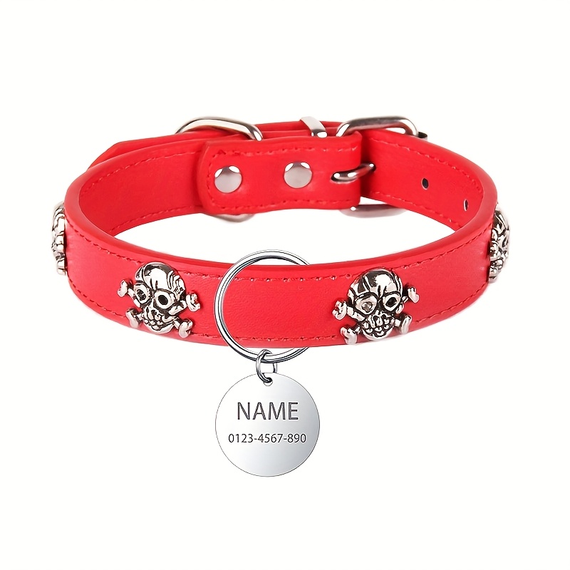 TEMU Personalized Synthetic Synthetic Leather Dog Collar With Round Nameplate - Customizable Name And Phone Cat Id Tag, Anti-loss Pirate Metal
